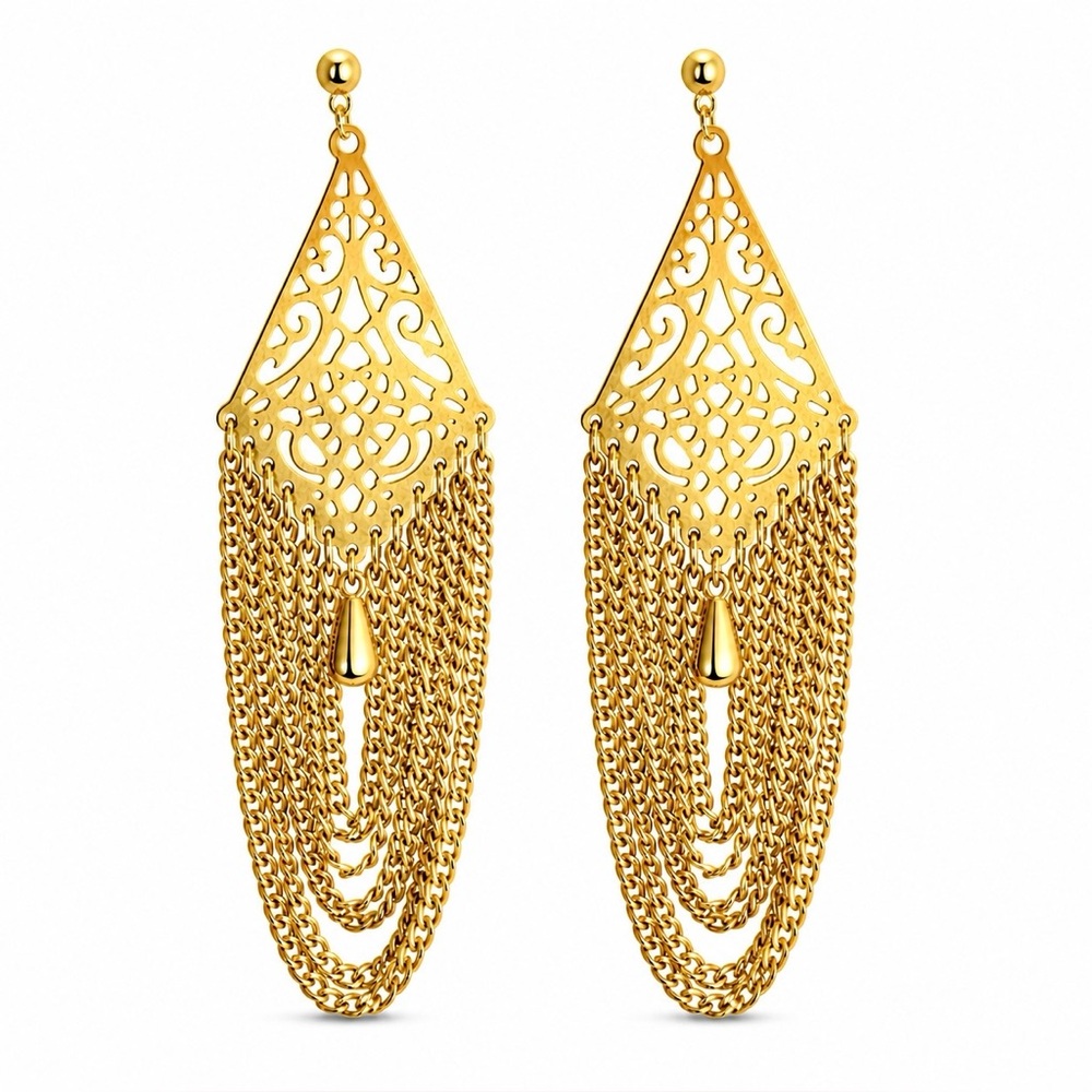 Vintage Gold Filigree Fringe Chandelier Earrings Boho Statement Gold Earrings
